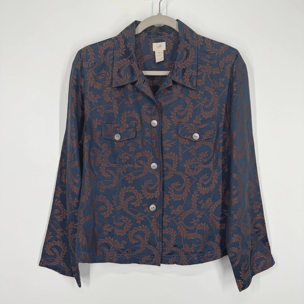 J Jill 10 Silk Linen Long Sleeve Button Up Shirt Layering Navy Copper Sheen